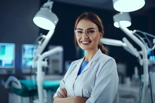 Photo smiling woman in dentists office