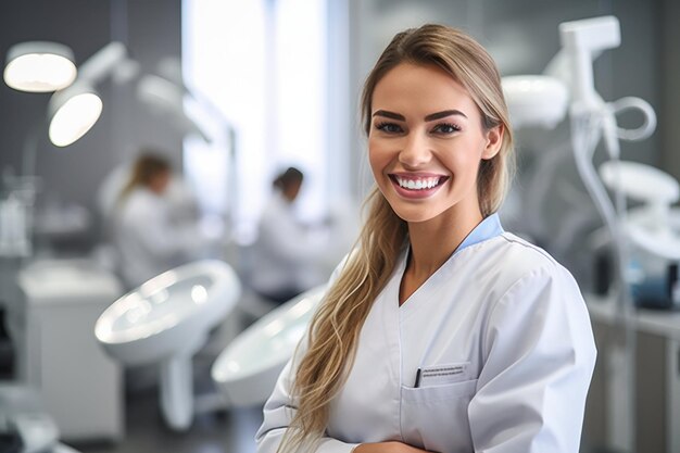 Photo smiling woman at dentists office