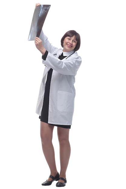 사진 흰색 배경에 고립 된 xray와 웃는 여자 의사
