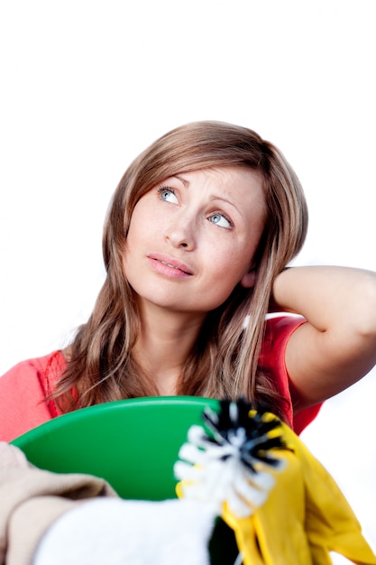 Smiling woman doing housework