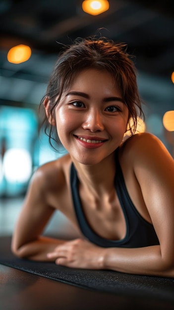 a smiling woman doing stretching exercises on a mat