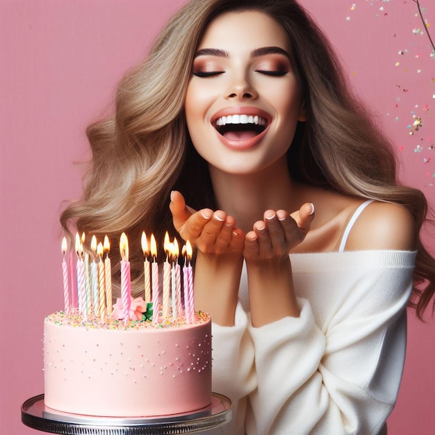 Foto donna sorridente vestita di rosa che spegne le candele di compleanno