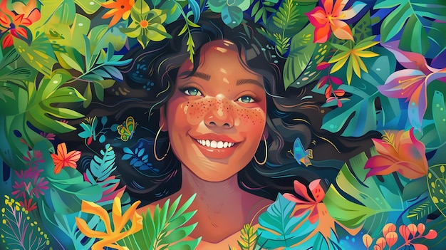 Smiling Woman Embraced by Vibrant Tropical Foliage and Flowers