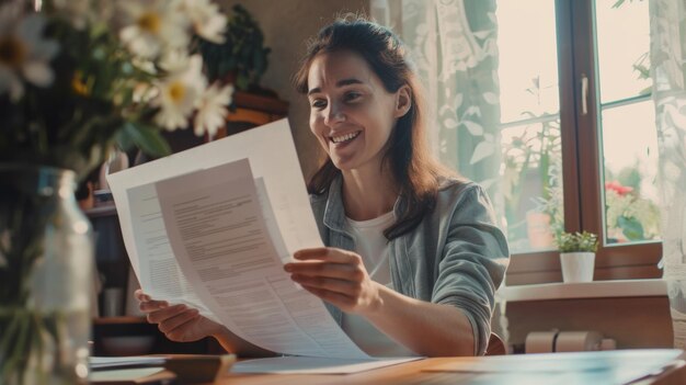 Smiling woman engaged in reading a paper at a sunlit desk surrounded by warm domestic vibes