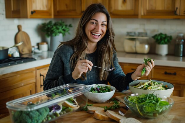 写真 明るいキッチンで新鮮なサラダを楽しむ笑顔の女性