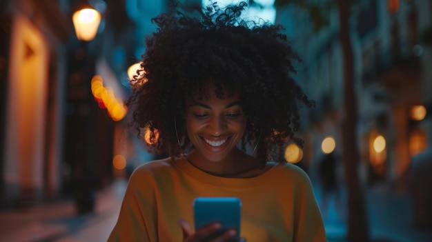 A smiling woman enjoying her smartphone on a lively urban street at night
