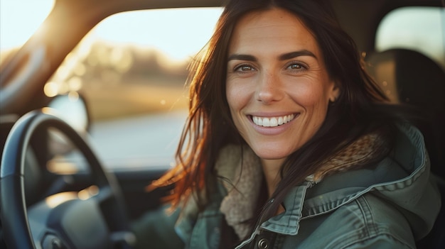 Smiling woman enjoying a sunny drive in her car