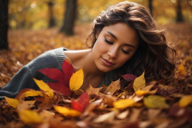 고요한 가을 숲을 즐기고 웃는 여자