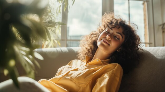 Foto una donna sorridente si gode un giorno libero.