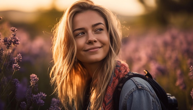 Smiling woman enjoys nature beauty surrounded by meadow and flowers generated by artificial intelligence