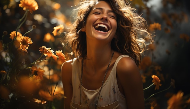 Foto la donna sorridente gode della natura spensierata e felice nella foresta autunnale generata dall'intelligenza artificiale