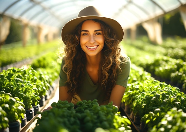 写真 植物の温室で働く笑顔の女性農夫