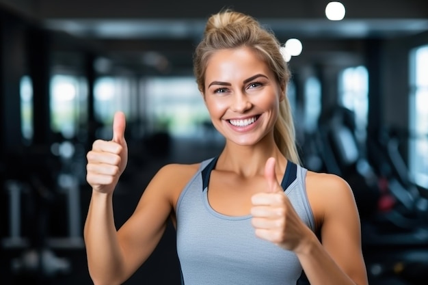 Smiling Woman fitness and thumbs up to health workout and training to live an active wellness and healthy lifestyle with gym Personal trainer