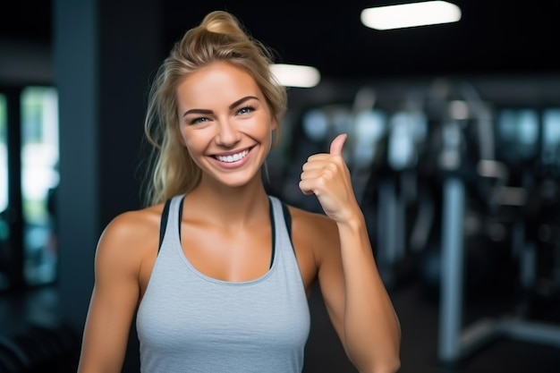 Smiling Woman fitness and thumbs up to health workout and training to live an active wellness and healthy lifestyle with gym Personal trainer