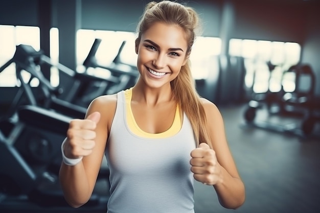 Smiling Woman fitness and thumbs up to health workout and training to live an active wellness