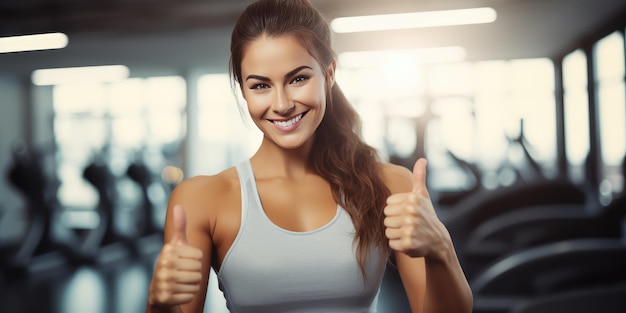 Smiling Woman fitness and thumbs up to health workout