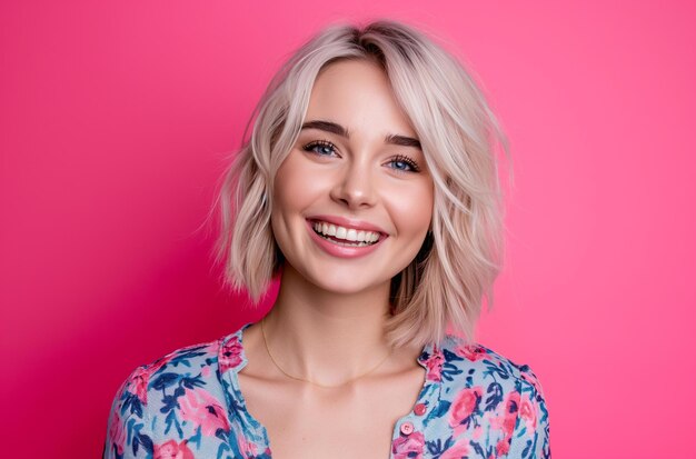 Smiling woman floral blouse portrait