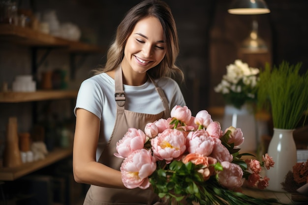 笑顔の女性花屋小さなビジネスの花屋のオーナー