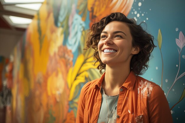 フラワーアートの背景に笑顔の女性