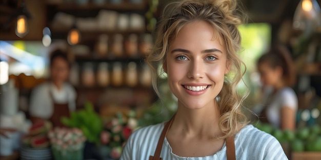 A smiling woman in a flower shop