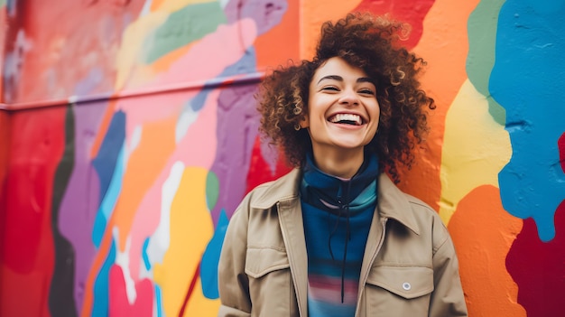 smiling woman in front of a colorful wall with a smile Generative AI