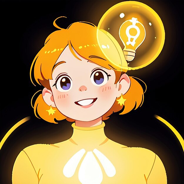 Smiling woman glowing with positive energy and creativity cute simple anime style illustration