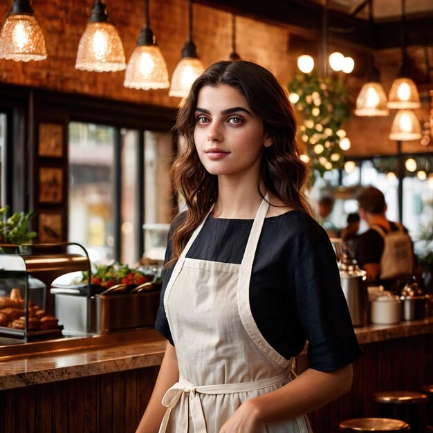 Smiling woman greeting customers at entrance to cafe