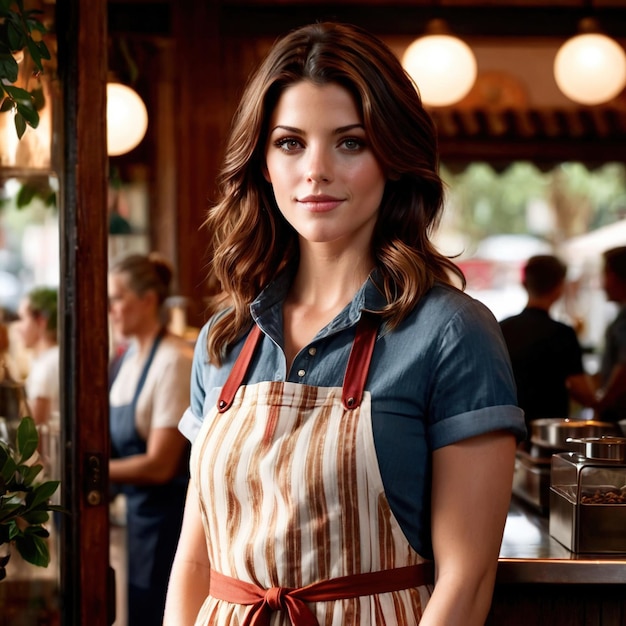 Smiling woman greeting customers at entrance to cafe