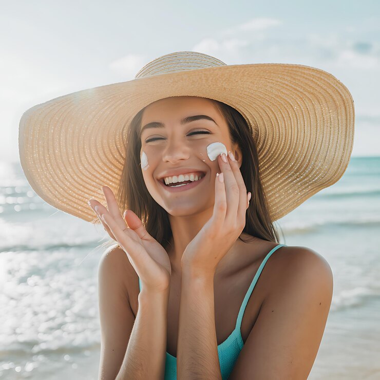 Photo smiling woman in hat is applying sunscreen on her face indian style