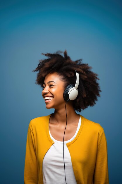 Smiling woman in headphones blue background happy african american woman