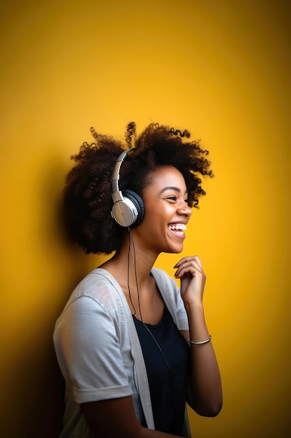 ヘッドフォンをかぶった笑顔の女性黄色い背景の幸せなアフリカ系アメリカ人女性