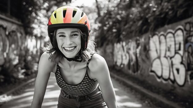 Smiling woman in helmet