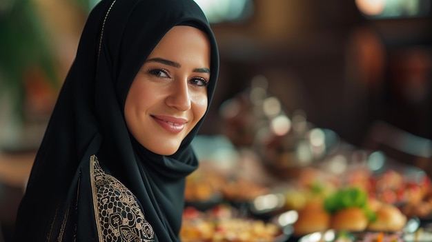 Улыбающаяся женщина в хиджабе сидит за столом, украшенным различными блюдами