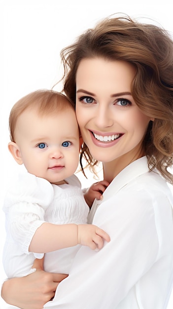 赤ちゃんを腕に抱き、カメラに向かって微笑む笑顔の女性