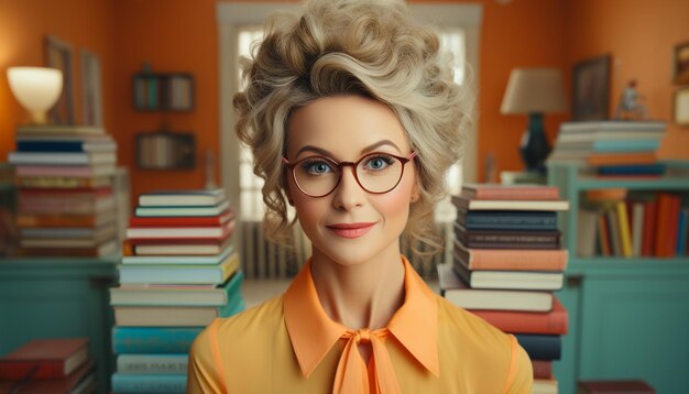 Photo a smiling woman holding a book learning in a library generated by artificial intelligence