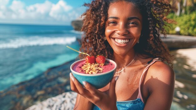 Photo smiling woman holding a bowl of fruit and a bowl of yogurt generative ai