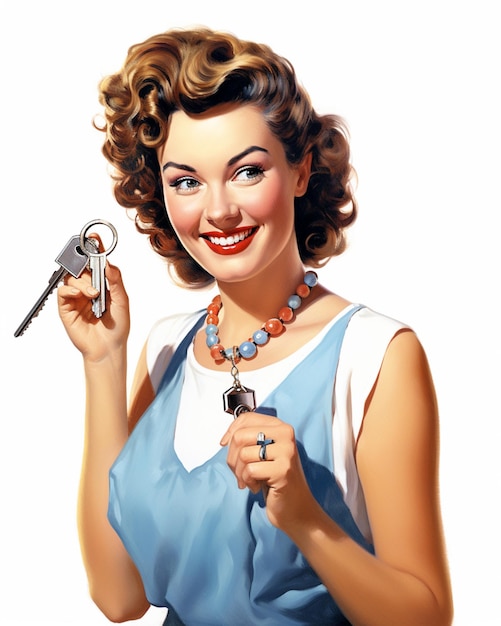 Photo smiling woman holding a bunch of keys and a necklace generative ai