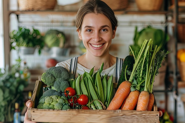 Photo smiling woman holding a crate of vegetables in a kitchen