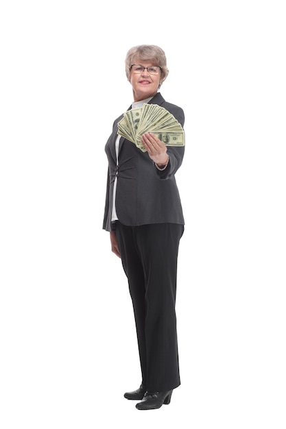 A smiling woman holding dollars with thumb up sign