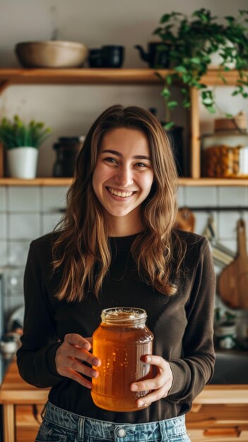 Photo smiling woman holding a jar of honey in a cozy kitchen ideal for natural healthy sweetening and