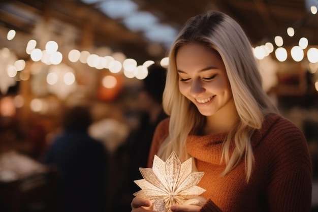 Smiling woman holding a lighted Christmas ornament Concept Festive joy and seasonal decoration