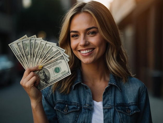 smiling woman holding money