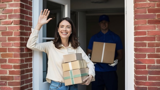 Foto smiling woman holding packages and waving goodbye to a courier while standing on a doorway