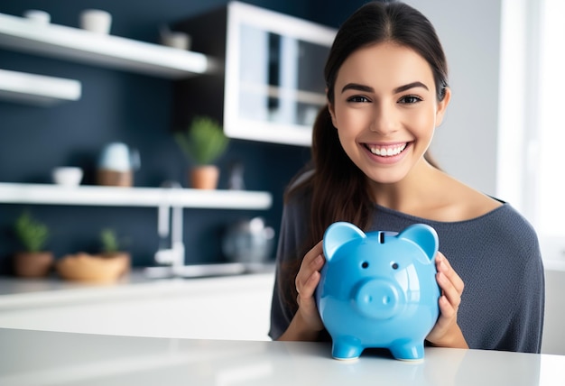 Smiling woman holding a piggy bank in her hands