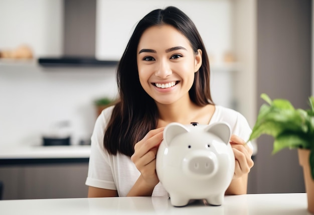 Smiling woman holding a piggy bank in her hands