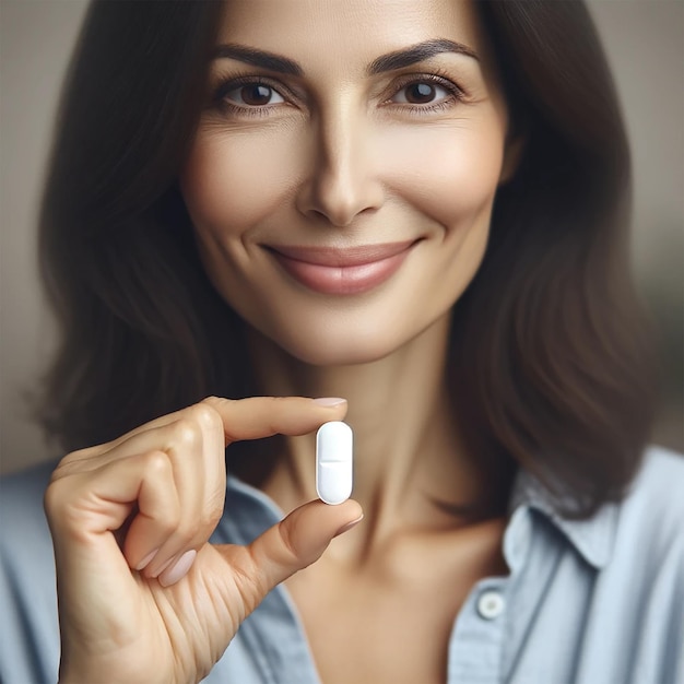 Smiling woman holding a pill Health and medicine