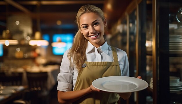 smiling woman holding a plate in a restaurant.