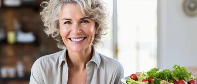 a smiling woman holding a plate of vegetables