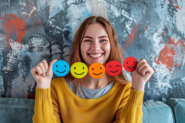 Photo smiling woman holding rating emoticons against artistic backdrop