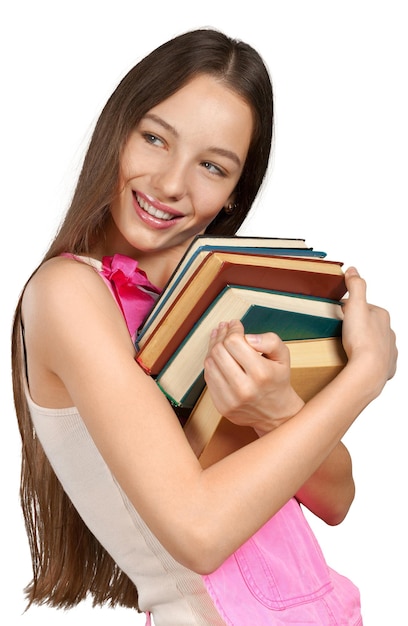 Photo smiling woman holding stack of books